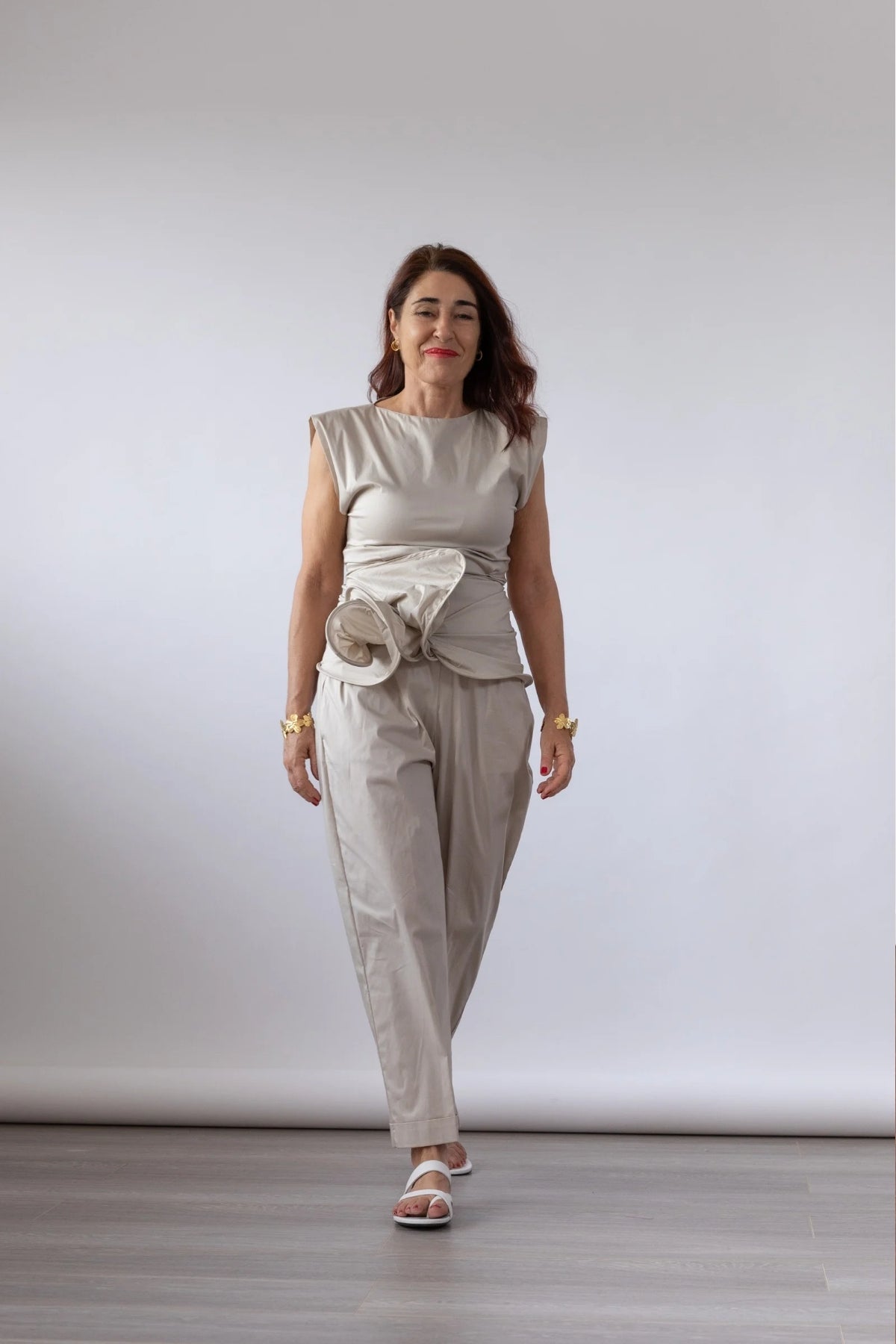 Women's Stretch Poplin Top with Floral Ruffle