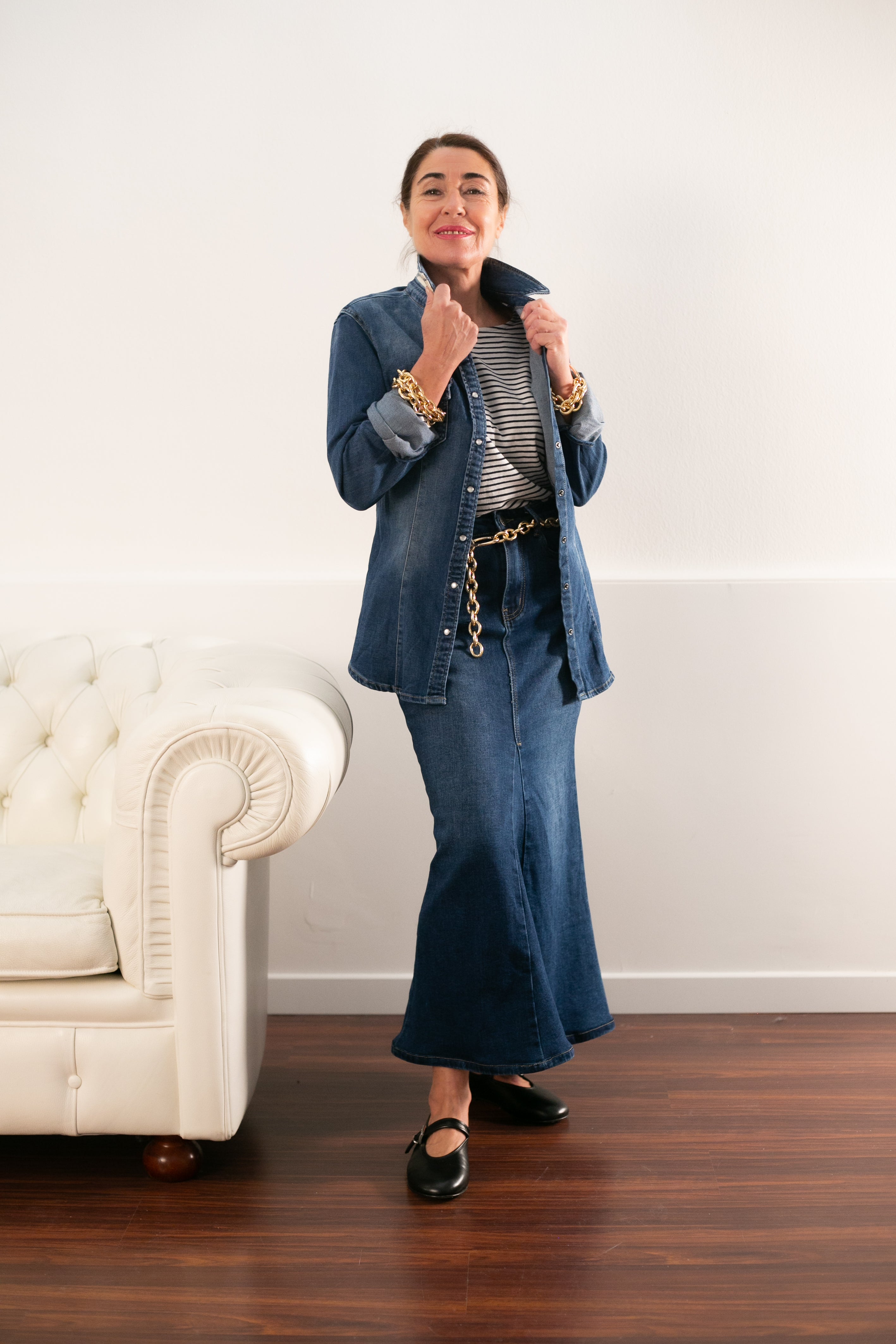 DENIM SHIRT WITH RUFFLE NECK DETAIL