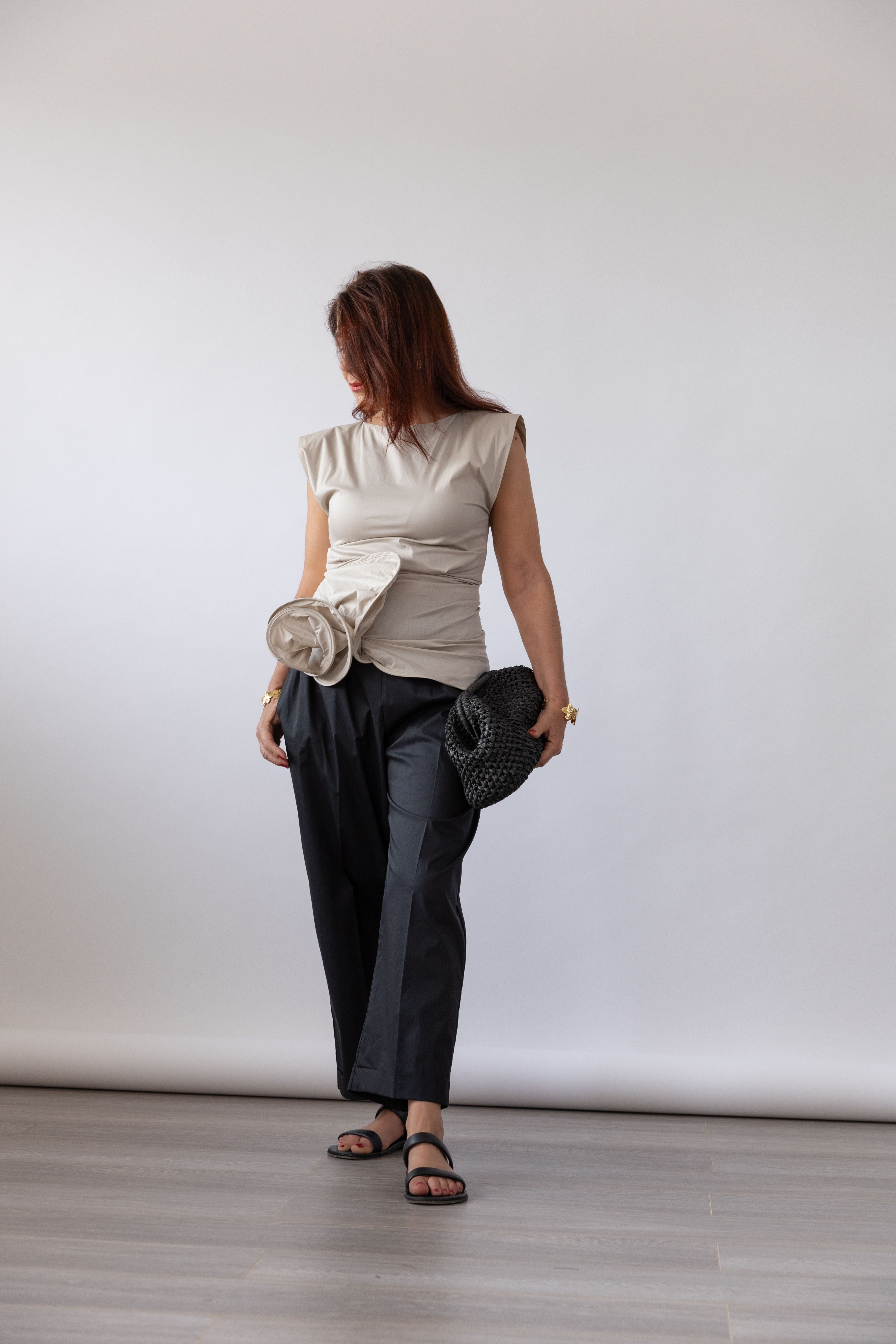 Women's Stretch Poplin Top with Floral Ruffle