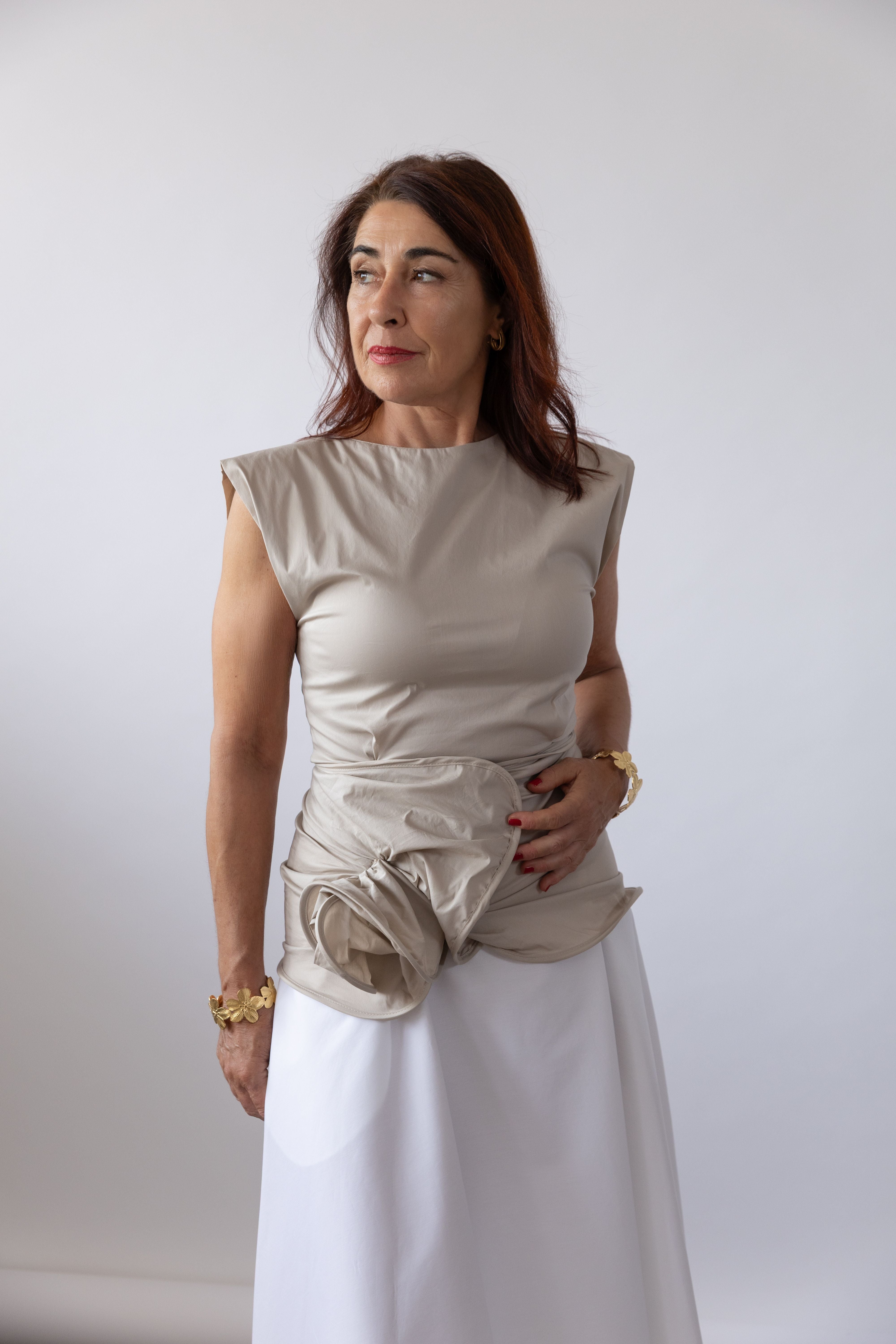 Women's Stretch Poplin Top with Floral Ruffle